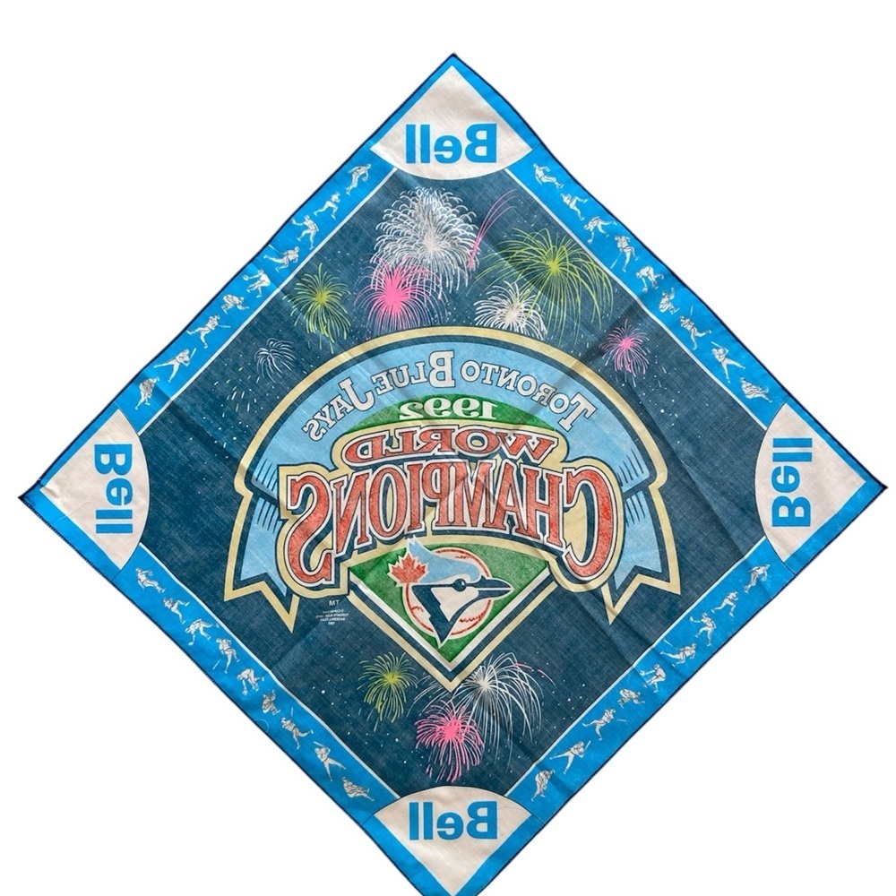 1992 Toronto Blue Jays World Series Champions bandana, sponsored by Bell 18x18” - Picture 2 of 4